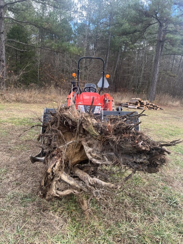 Tractor with a grapple bucket holding a giant stump being moved to a burn pile on a sunny day